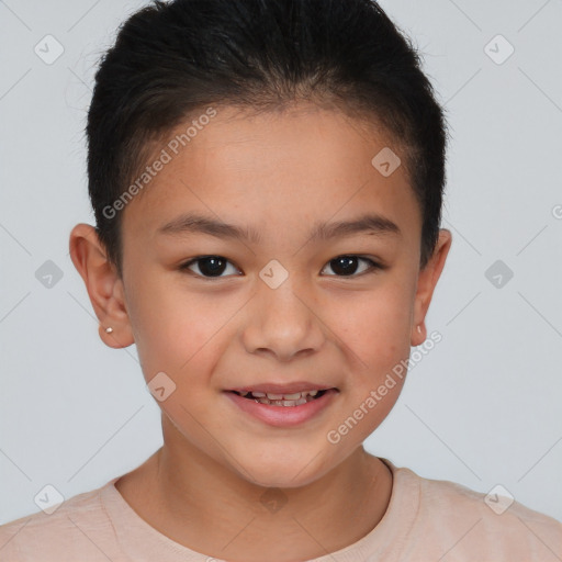 Joyful white child female with short  brown hair and brown eyes