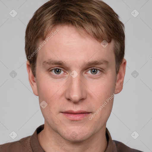 Neutral white young-adult male with short  brown hair and grey eyes