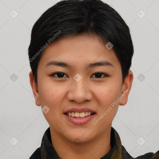 Joyful asian young-adult female with short  brown hair and brown eyes