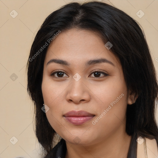 Joyful asian young-adult female with long  brown hair and brown eyes