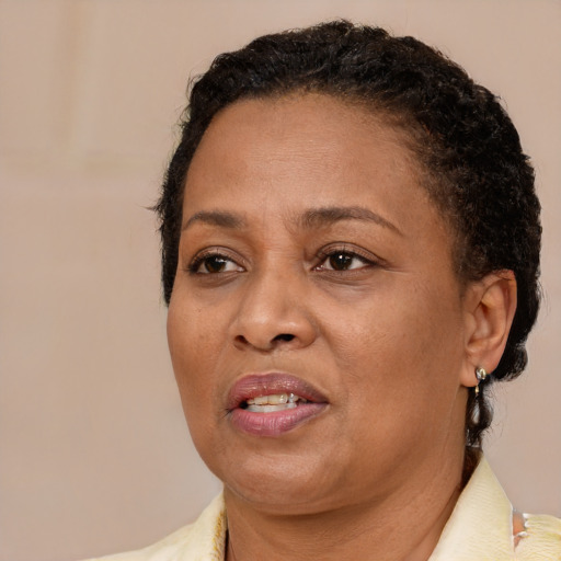 Joyful black adult female with short  brown hair and brown eyes