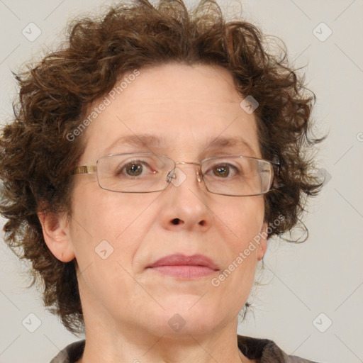 Joyful white adult female with medium  brown hair and blue eyes