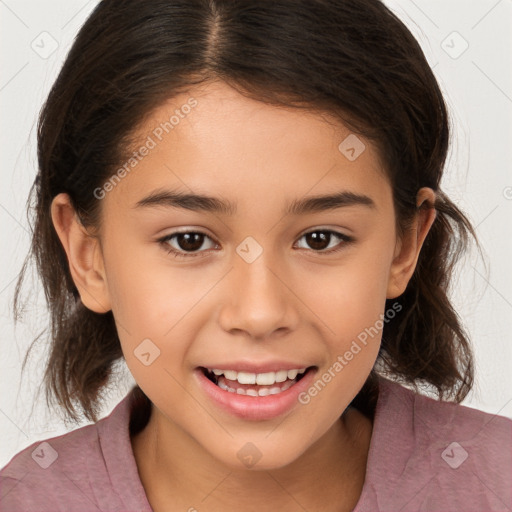 Joyful white child female with medium  brown hair and brown eyes