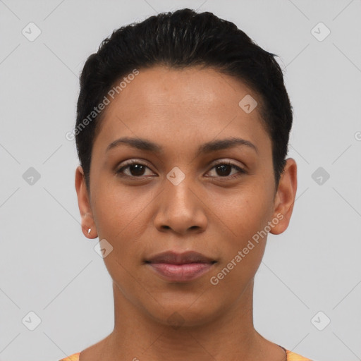 Joyful latino young-adult female with short  black hair and brown eyes