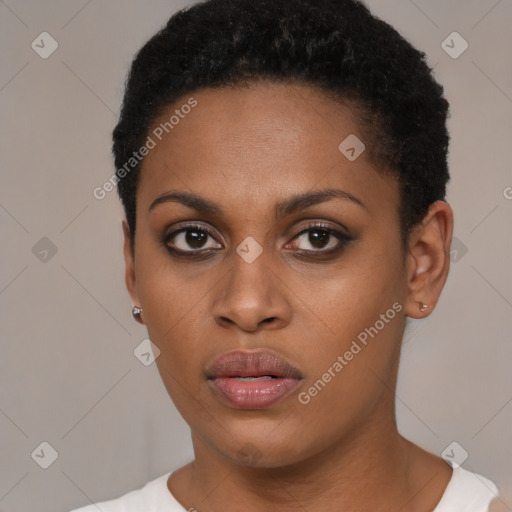 Neutral black young-adult female with short  black hair and brown eyes