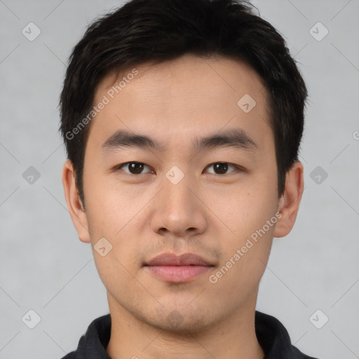 Neutral asian young-adult male with short  black hair and brown eyes