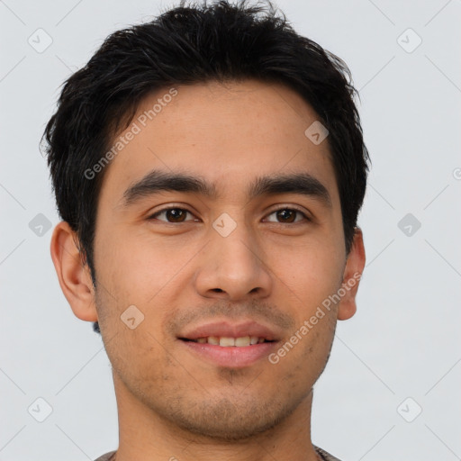 Joyful asian young-adult male with short  brown hair and brown eyes