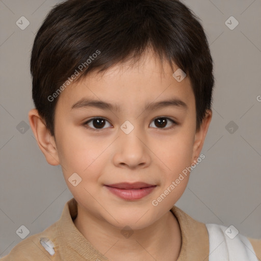 Joyful white child male with short  brown hair and brown eyes