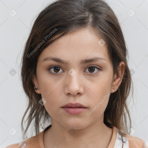 Neutral white young-adult female with medium  brown hair and brown eyes