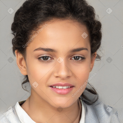 Joyful white child female with medium  brown hair and brown eyes