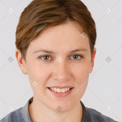 Joyful white young-adult female with short  brown hair and grey eyes