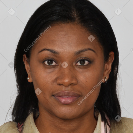 Joyful black young-adult female with medium  brown hair and brown eyes