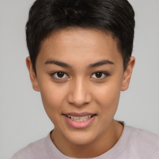Joyful latino young-adult female with short  brown hair and brown eyes