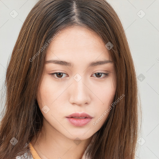 Neutral white young-adult female with long  brown hair and brown eyes