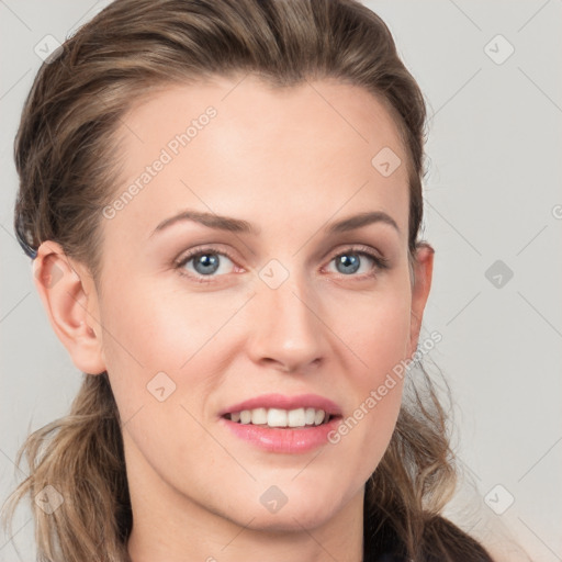 Joyful white young-adult female with long  brown hair and grey eyes