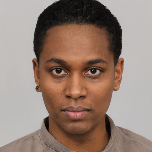 Neutral black young-adult male with short  black hair and brown eyes