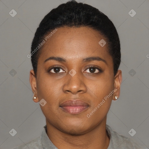 Neutral black young-adult female with short  black hair and brown eyes