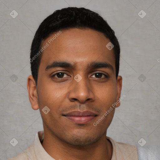 Neutral latino young-adult male with short  black hair and brown eyes