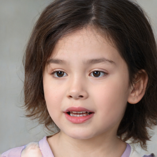 Joyful white child female with medium  brown hair and brown eyes