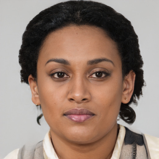 Neutral latino young-adult female with short  brown hair and brown eyes