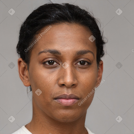 Neutral black young-adult female with short  brown hair and brown eyes