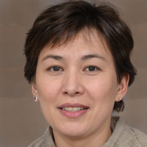 Joyful white adult female with medium  brown hair and brown eyes
