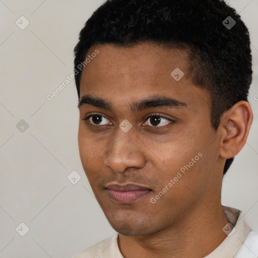 Neutral latino young-adult male with short  black hair and brown eyes