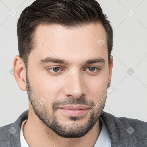 Neutral white young-adult male with short  brown hair and brown eyes