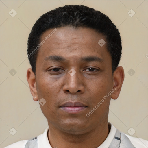 Neutral latino young-adult male with short  black hair and brown eyes