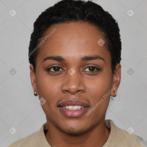 Joyful latino young-adult female with short  black hair and brown eyes