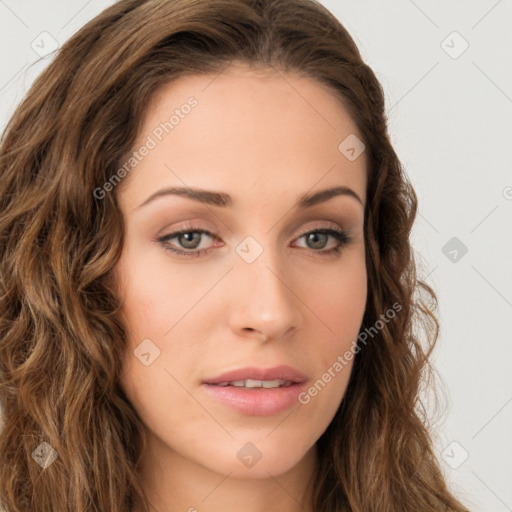 Neutral white young-adult female with long  brown hair and brown eyes