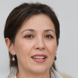 Joyful white adult female with medium  brown hair and grey eyes