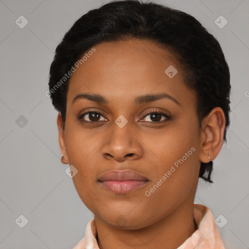 Joyful latino young-adult female with short  black hair and brown eyes