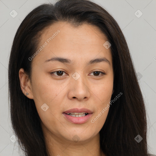 Joyful white young-adult female with long  brown hair and brown eyes