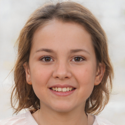 Joyful white child female with medium  brown hair and brown eyes