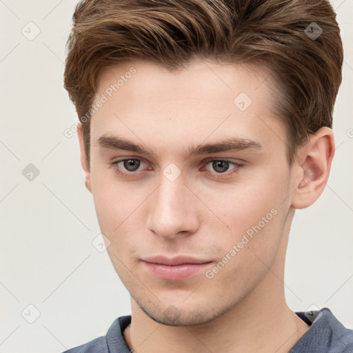 Neutral white young-adult male with short  brown hair and brown eyes