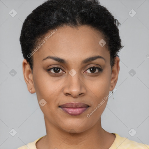 Joyful latino young-adult female with short  brown hair and brown eyes