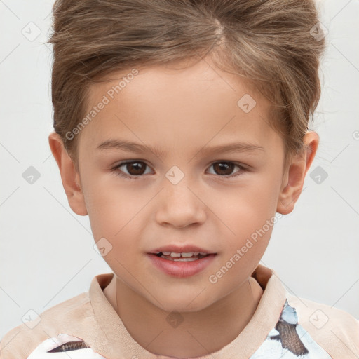 Joyful white child male with short  brown hair and brown eyes