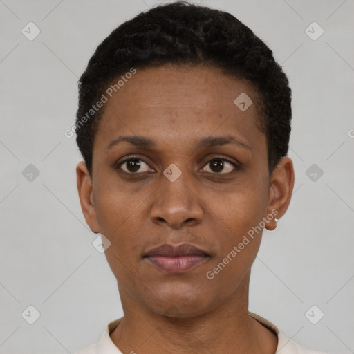 Neutral black young-adult female with short  black hair and brown eyes