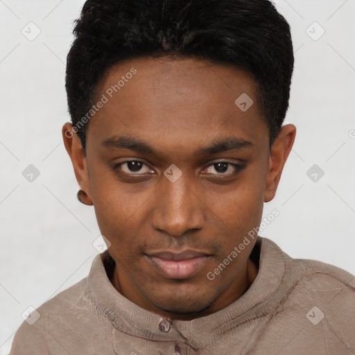 Neutral black young-adult male with short  black hair and brown eyes