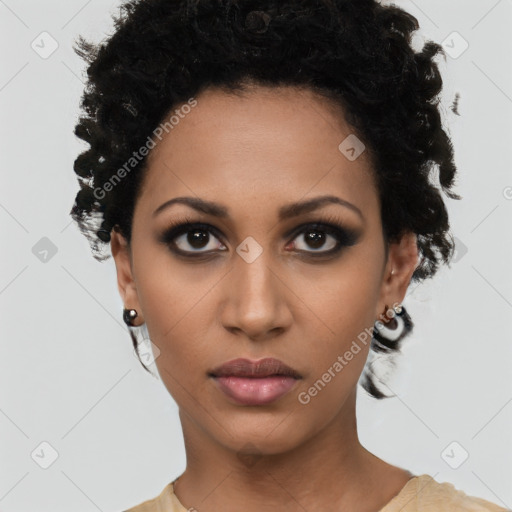 Neutral latino young-adult female with short  black hair and brown eyes