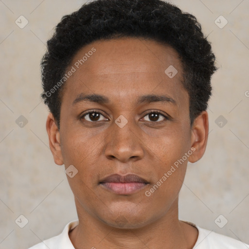 Neutral black young-adult male with short  black hair and brown eyes