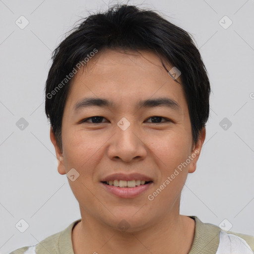 Joyful asian young-adult male with short  brown hair and brown eyes