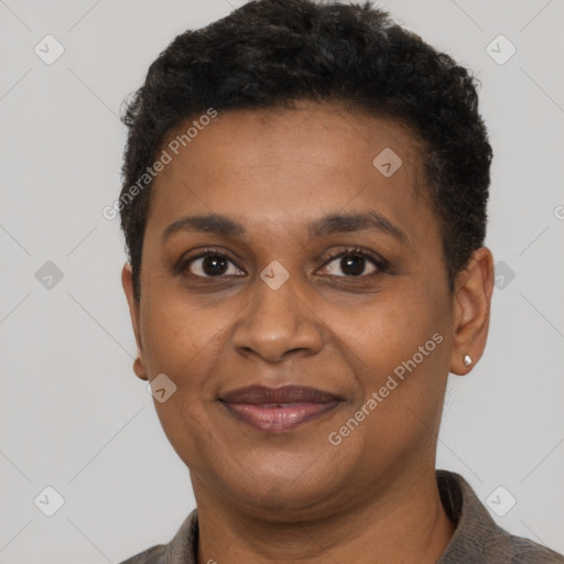 Joyful black adult female with short  brown hair and brown eyes