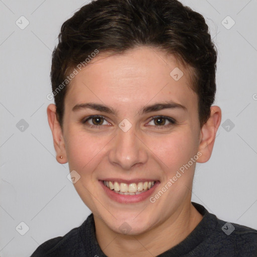 Joyful white young-adult female with short  brown hair and brown eyes