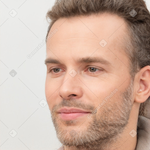 Neutral white young-adult male with short  brown hair and brown eyes