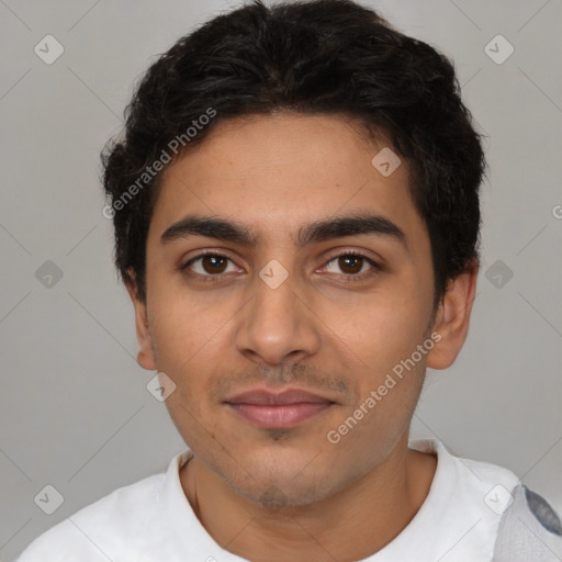 Neutral latino young-adult male with short  black hair and brown eyes