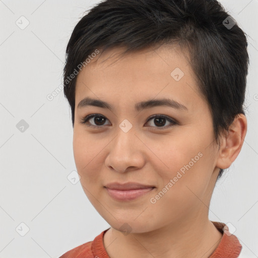 Joyful asian young-adult female with short  brown hair and brown eyes