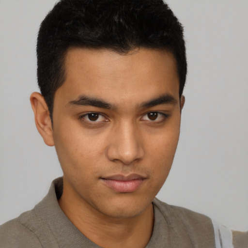 Neutral asian young-adult male with short  brown hair and brown eyes
