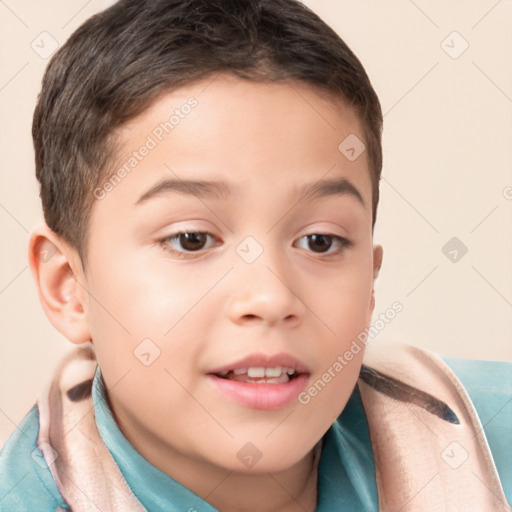 Joyful white child female with short  brown hair and brown eyes